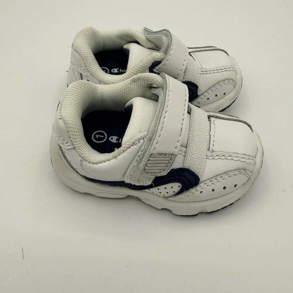 Champion Toddler Shoes Size 1 White Navy Hook Loop Strap Sneakers Unisex